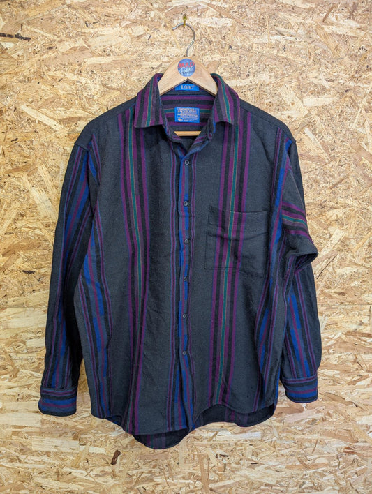 Pendleton Lobo Shirt Mens Large Grey Purple Blue Stripe Wool Made In USA