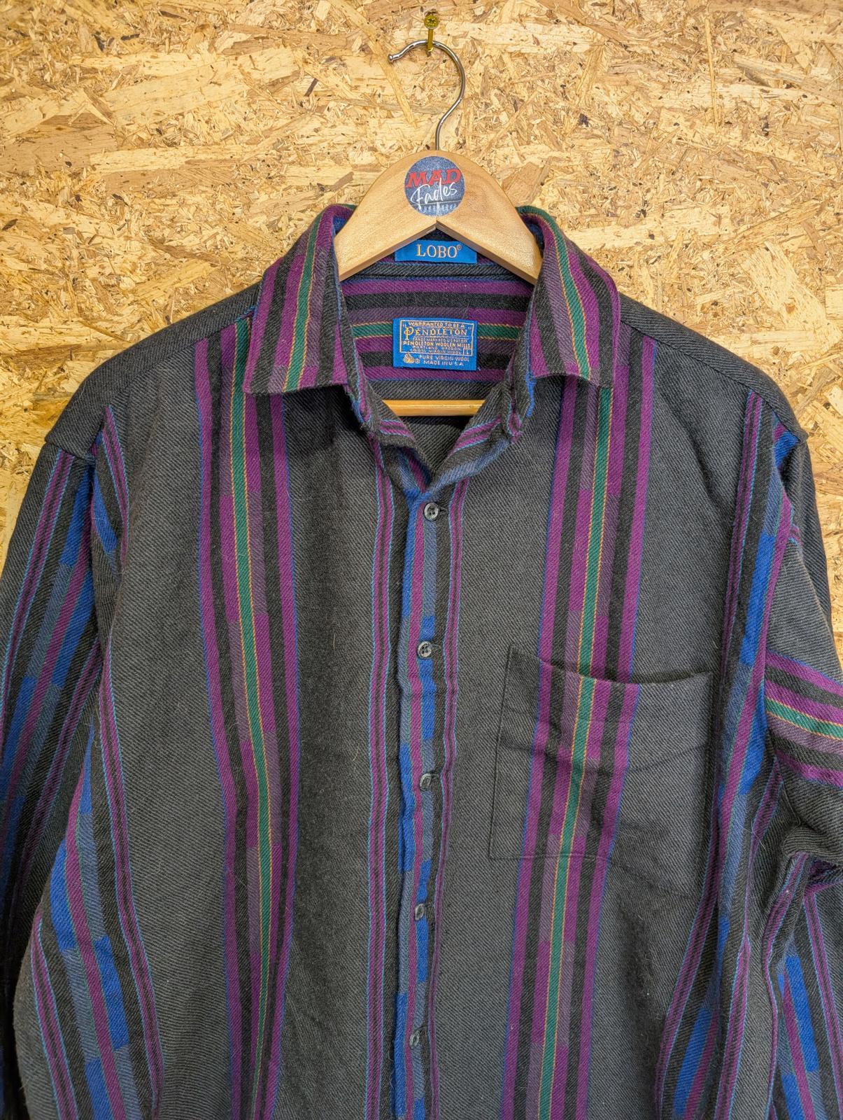 Pendleton Lobo Shirt Mens Large Grey Purple Blue Stripe Wool Made In USA