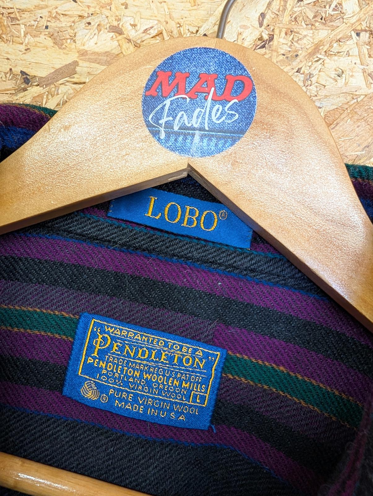 Pendleton Lobo Shirt Mens Large Grey Purple Blue Stripe Wool Made In USA