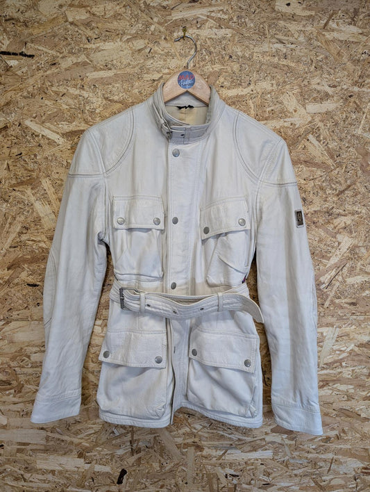 Belstaff Leather Jacket Womens Size 10 Belted Made In Italy Trench Coat White
