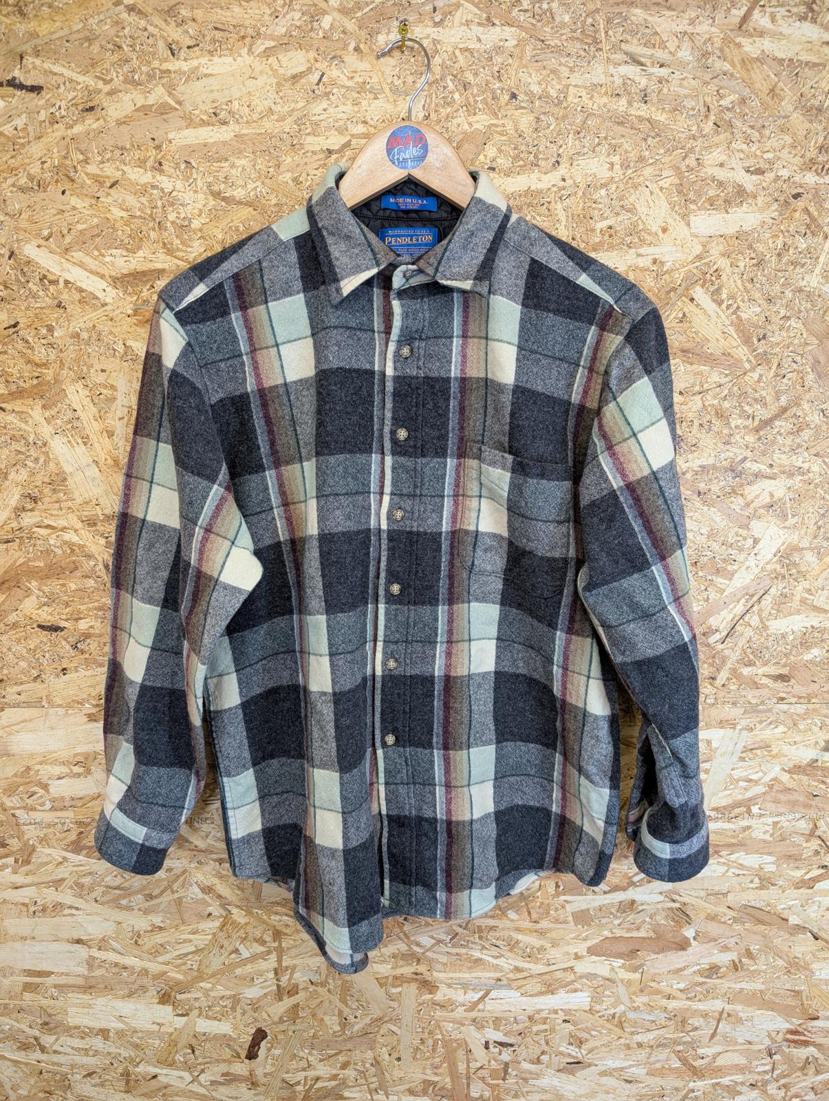 Pendleton Shirt Grey Cream Red Green Check Plaid Wool Made In USA Small