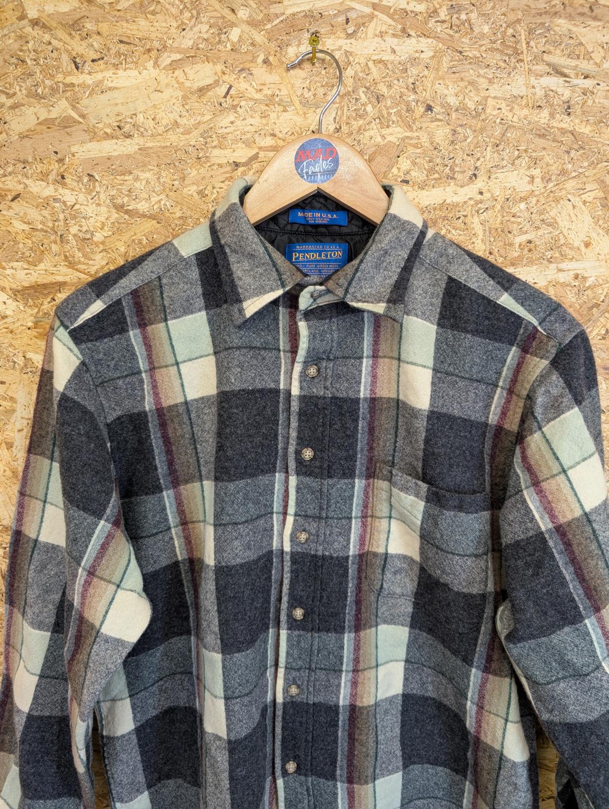 Pendleton Shirt Grey Cream Red Green Check Plaid Wool Made In USA Small