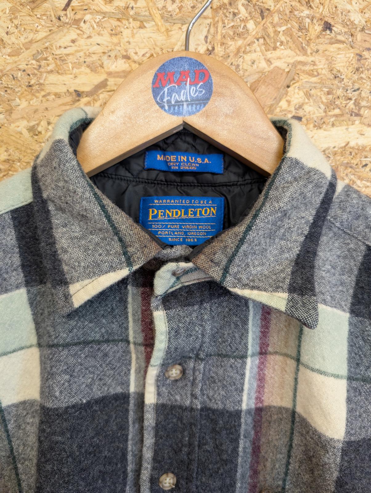 Pendleton Shirt Grey Cream Red Green Check Plaid Wool Made In USA Small