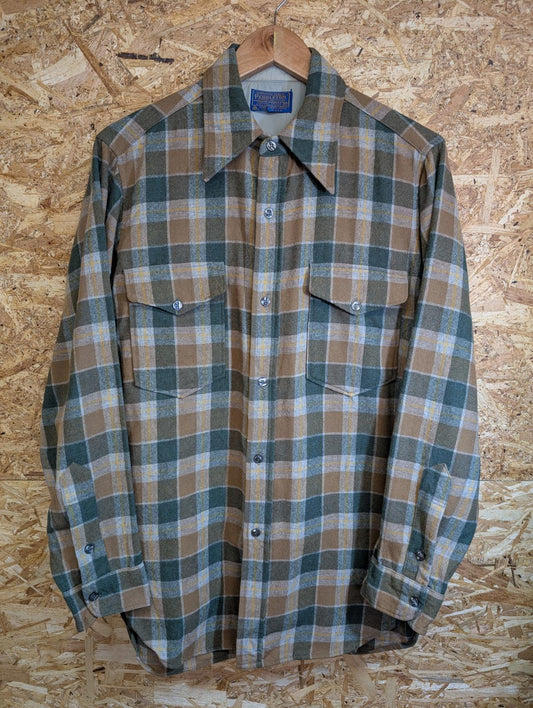 Pendleton Lodge Shirt Medium 15.5" Mens Brown Green Check Plaid Wool USA