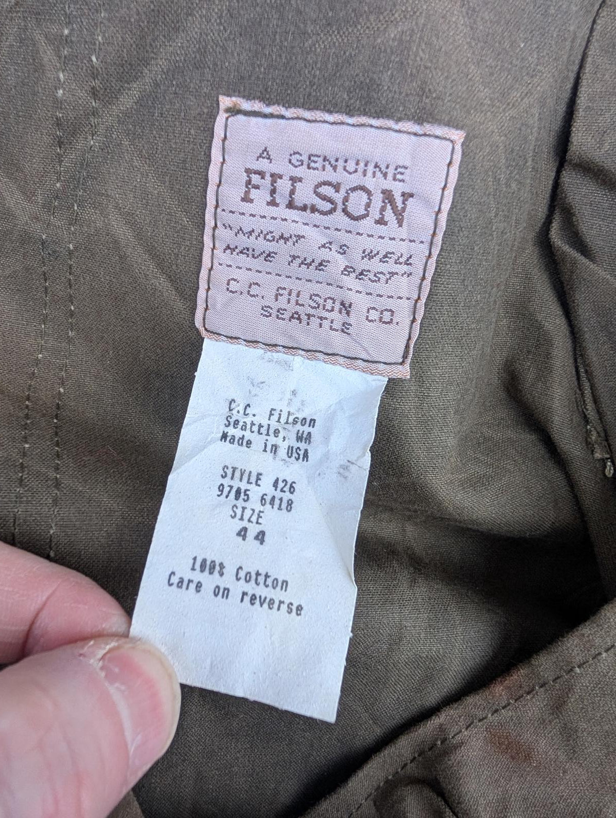 Filson Dungarees W44 Double Tin Cloth Oil Trousers USA Made Khaki Green Overalls