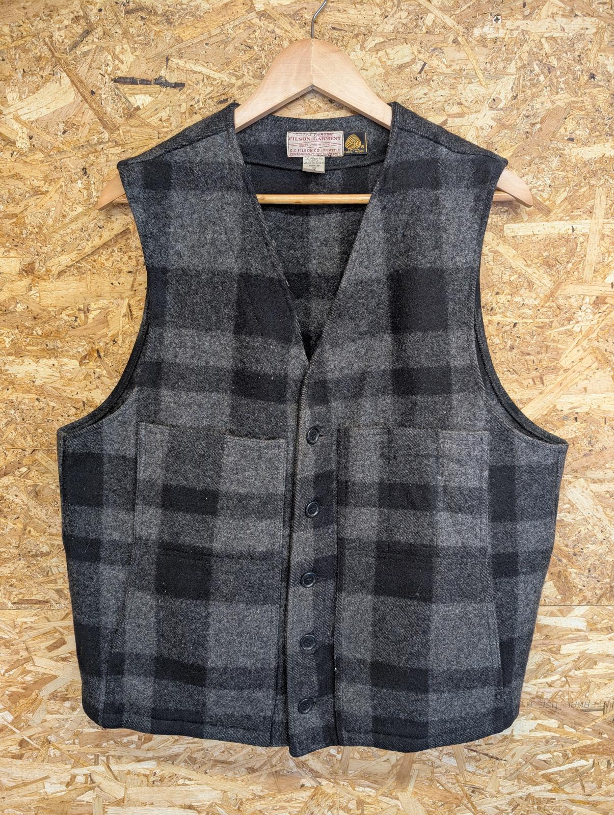 Filson Grey Black Check Mackinaw Vest Men XL 44 Men Thick Wool Gilet Body Warmer
