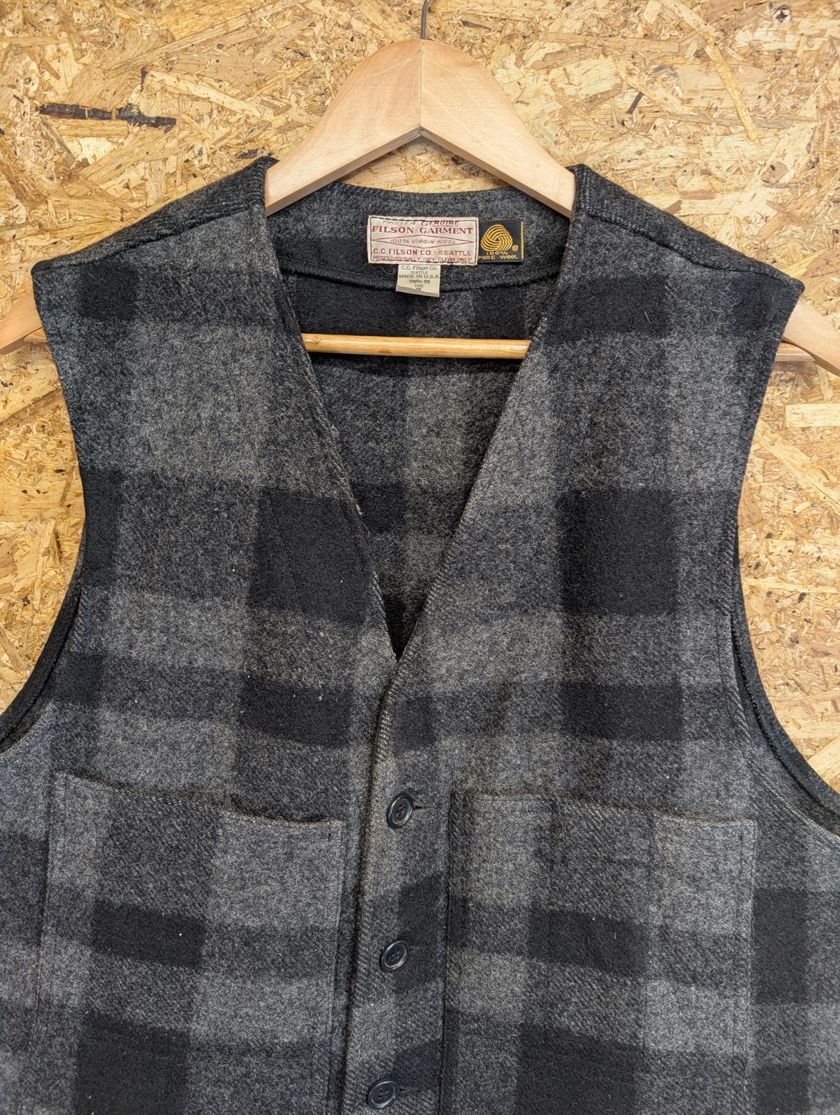 Filson Grey Black Check Mackinaw Vest Men XL 44 Men Thick Wool Gilet Body Warmer