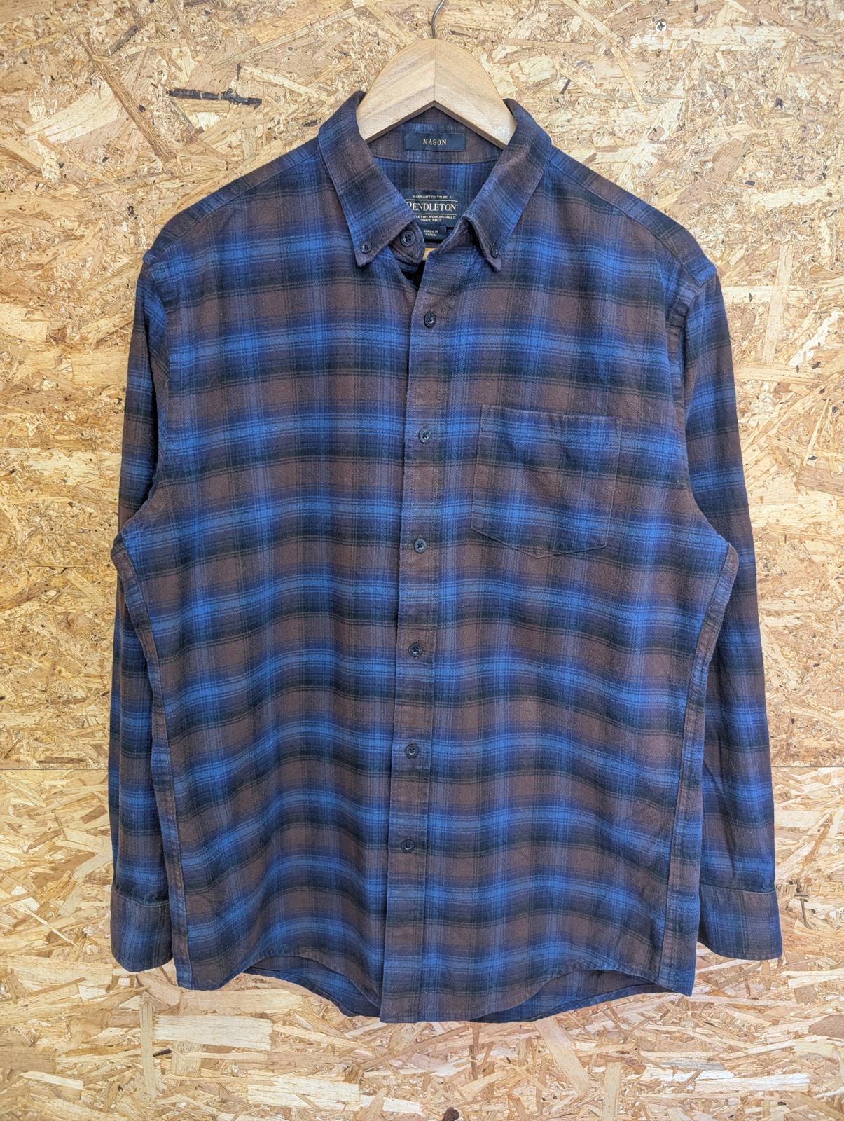Pendleton Mason Shirt Medium Men Made Blue Brown Plaid Check Cotton LS Pocket