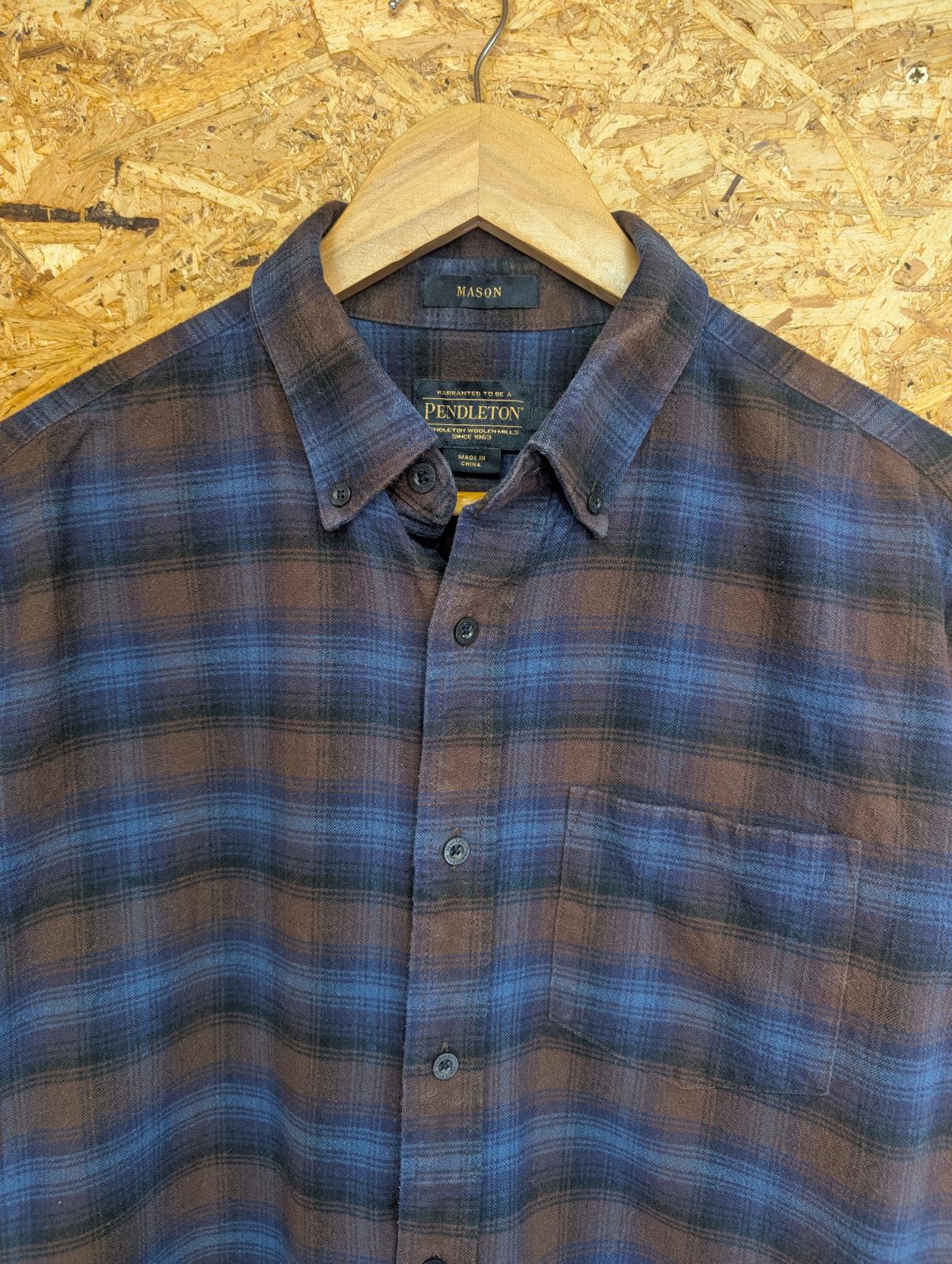 Pendleton Mason Shirt Medium Men Made Blue Brown Plaid Check Cotton LS Pocket