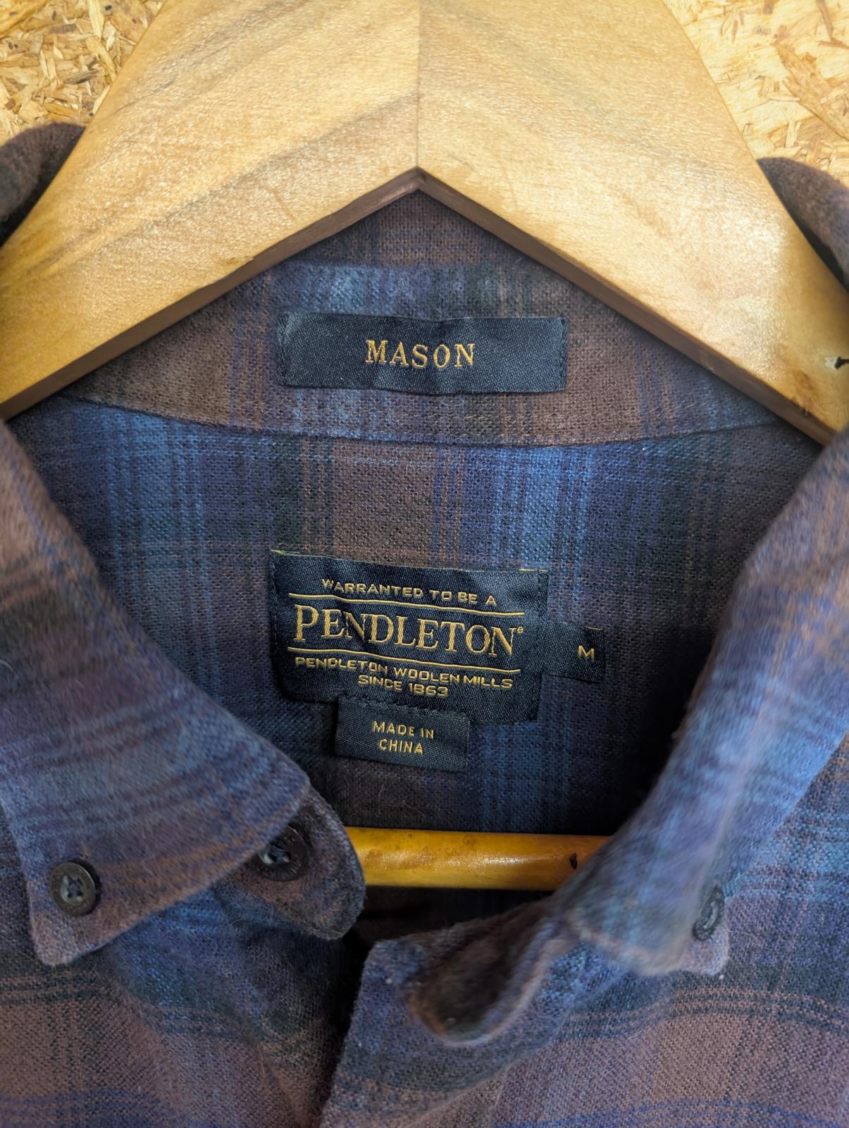 Pendleton Mason Shirt Medium Men Made Blue Brown Plaid Check Cotton LS Pocket