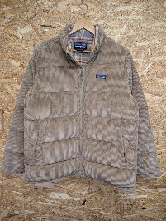 Patagonia Beige Cord Fjord Coat Large Women Puffer Plaid Check Liner Warm Winter