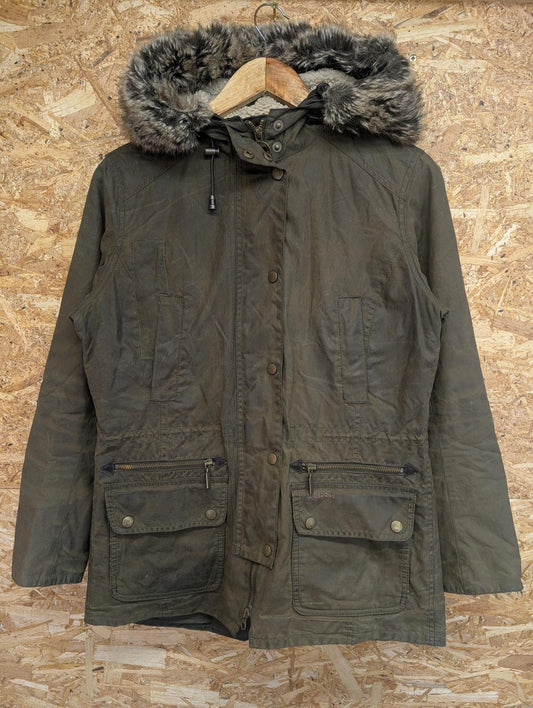 Barbour Kelsall Wax Parka Jacket Size 10 Women Tartan Coat Green Fleece Hood