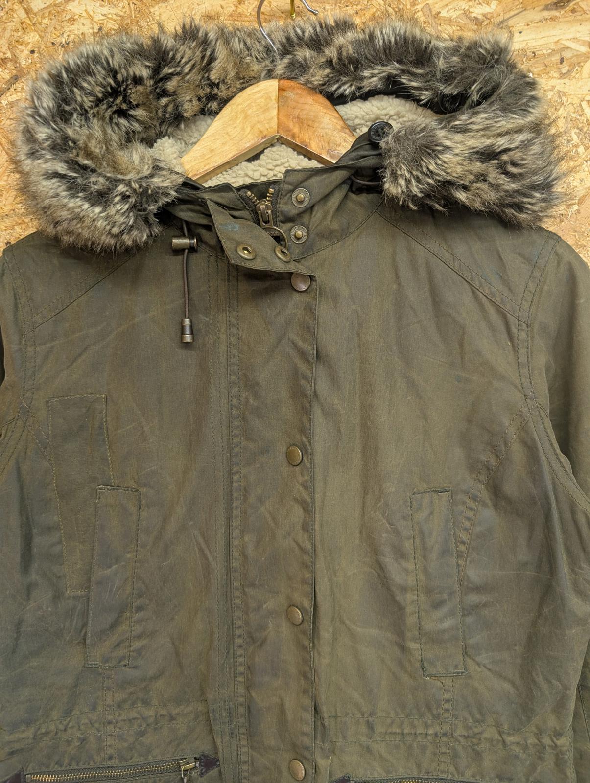 Barbour Kelsall Wax Parka Jacket Size 10 Women Tartan Coat Green Fleece Hood