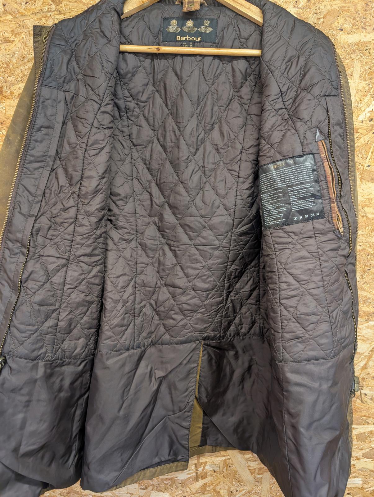 Barbour Belsay Wax Jacket Size 12 Women Padded Lined Coat Green Cord Collar
