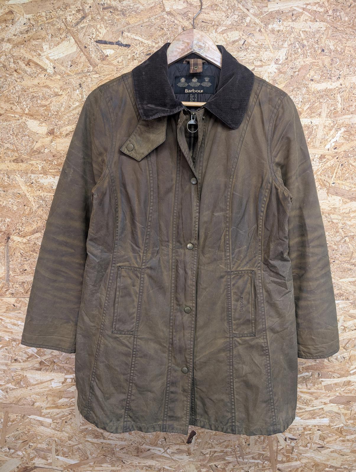 Barbour Belsay Wax Jacket Size 12 Women Padded Lined Coat Green Cord Collar