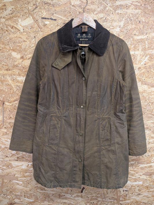 Barbour Belsay Wax Jacket Size 12 Women Padded Lined Coat Green Cord Collar