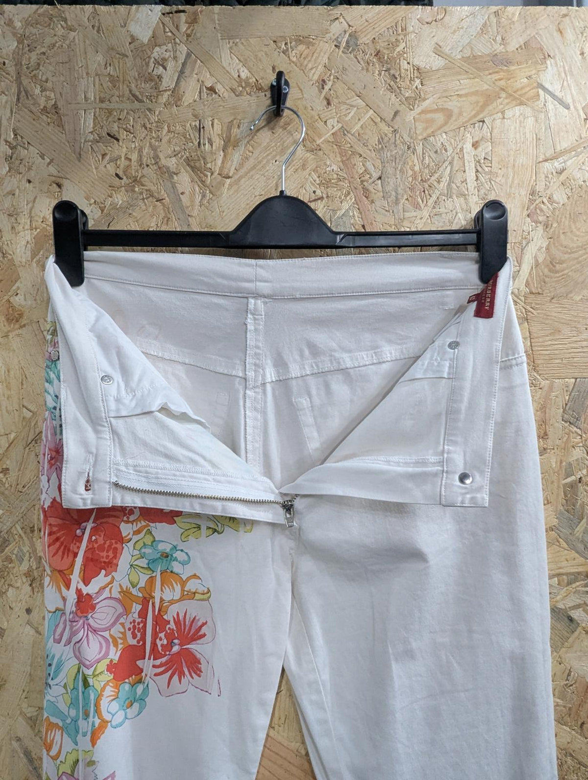 Burberry White Jeans W30 L34 Women Y2K Slim Zip Fly Stretch Floral Print Vintage