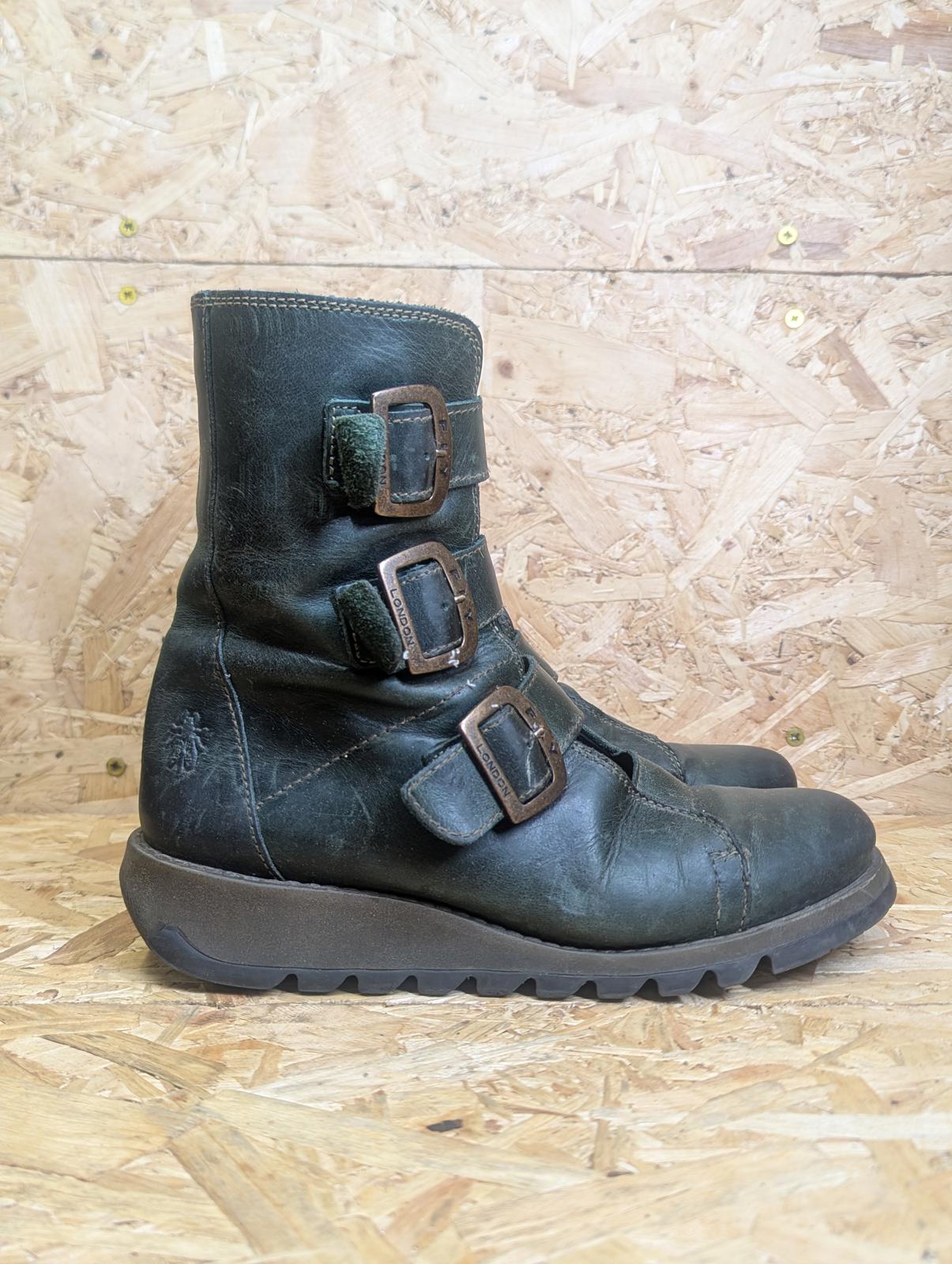 Fly London Scop Mid-Calf Boots UK 6.5 EU 40 Women Dark Green Leather Buckle