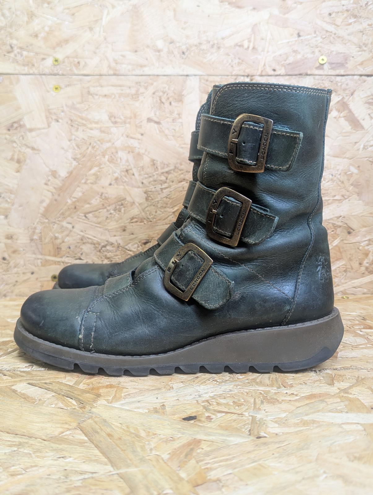 Fly London Scop Mid-Calf Boots UK 6.5 EU 40 Women Dark Green Leather Buckle