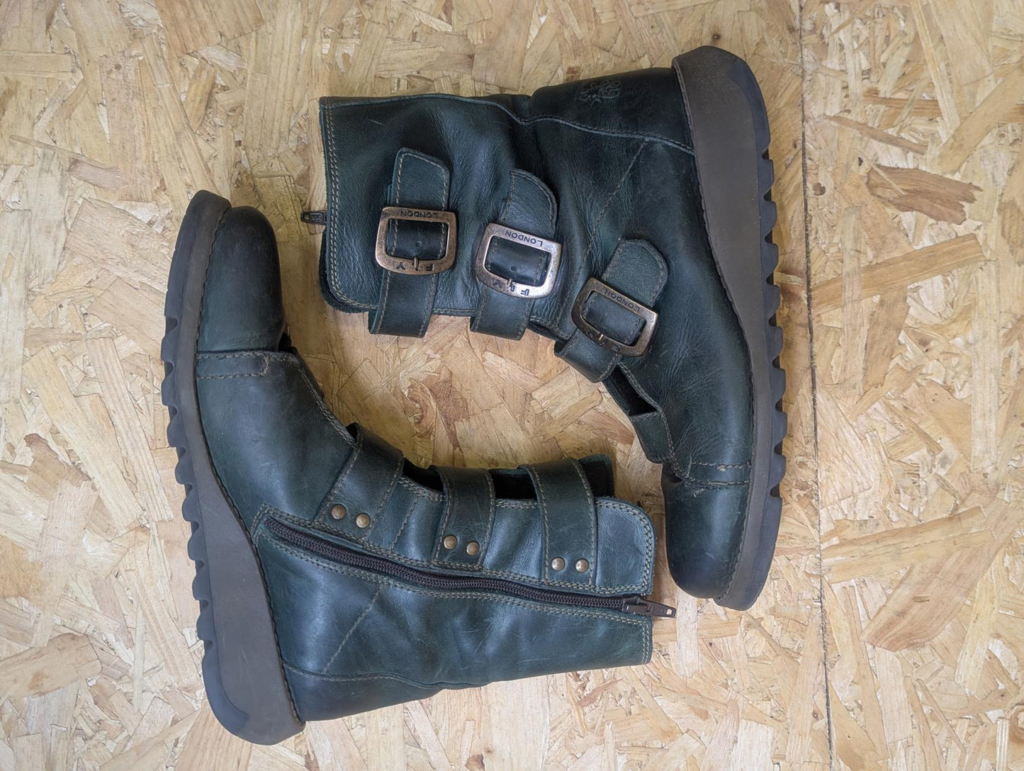 Fly London Scop Mid-Calf Boots UK 6.5 EU 40 Women Dark Green Leather Buckle