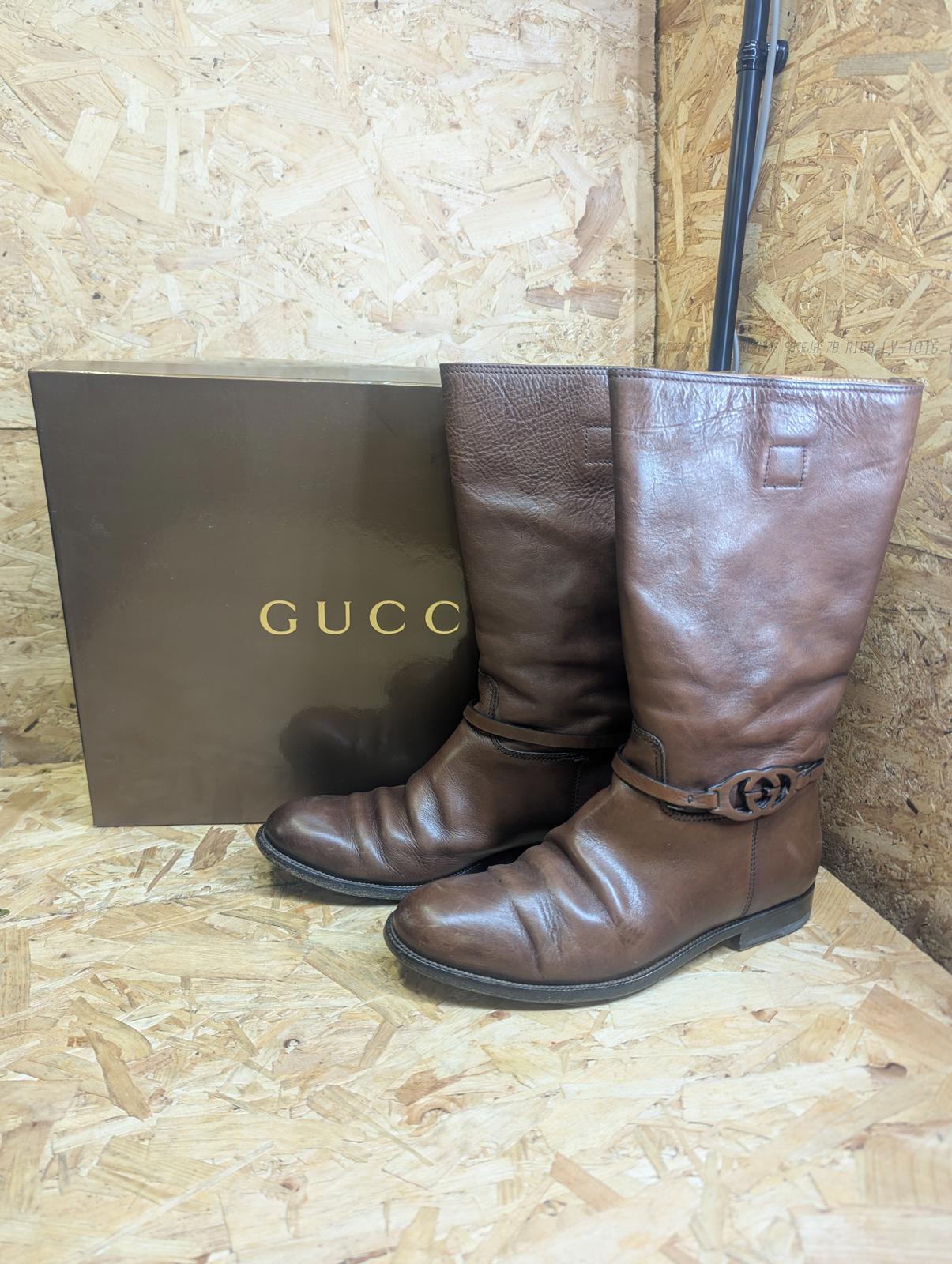 Gucci Interlocking G Leather Slouch Boots UK 9 EU 43 E Brown Boxed Dust Bags