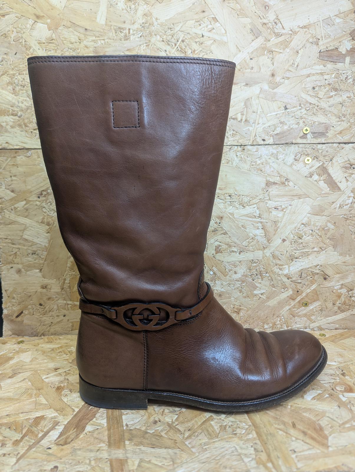 Gucci Interlocking G Leather Slouch Boots UK 9 EU 43 E Brown Boxed Dust Bags