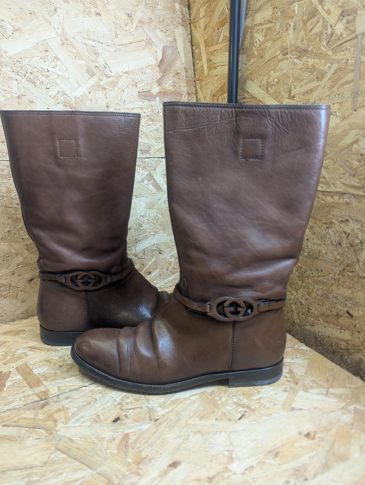 Gucci Interlocking G Leather Slouch Boots UK 9 EU 43 E Brown Boxed Dust Bags