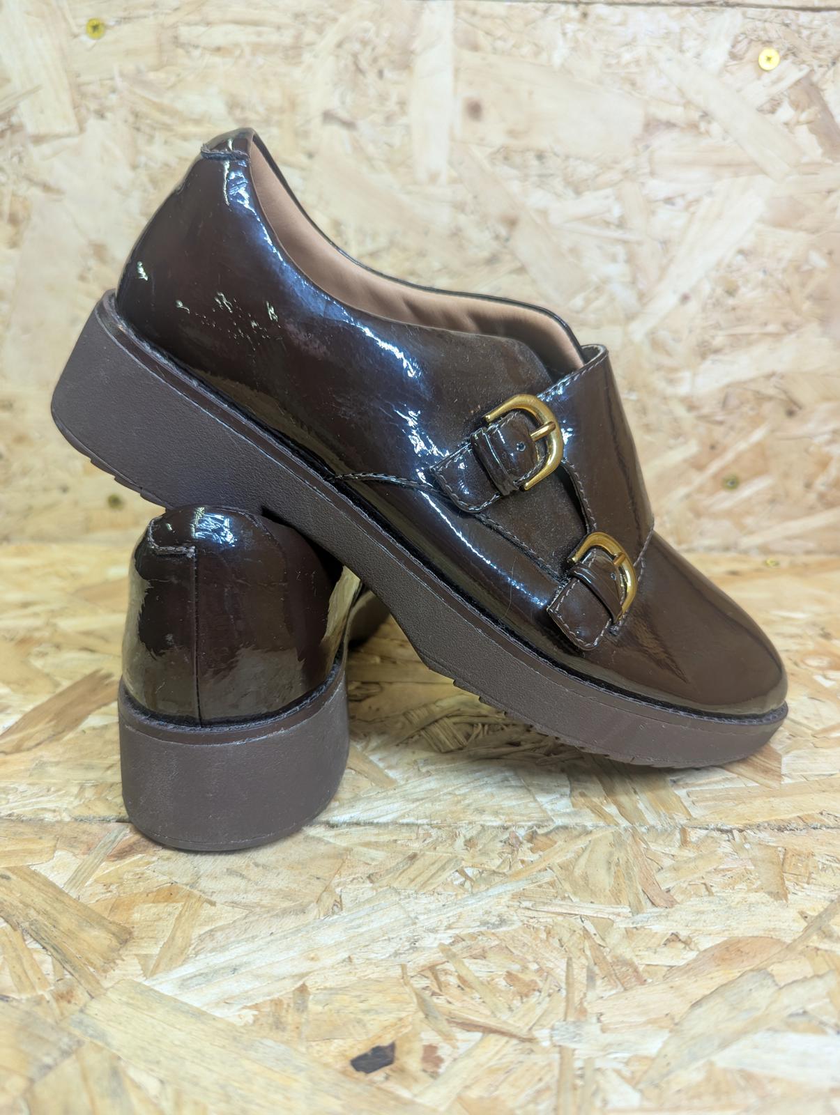 Fitflop Monk Strap Buckle Brown Shoes Size UK 4 EU 37 Women Shine Flats Comfort