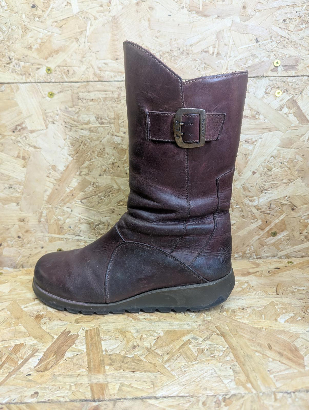 Fly London Mes 2 Mid-Calf Boots UK 7 EU 40 Women Burgundy Leather Buckle