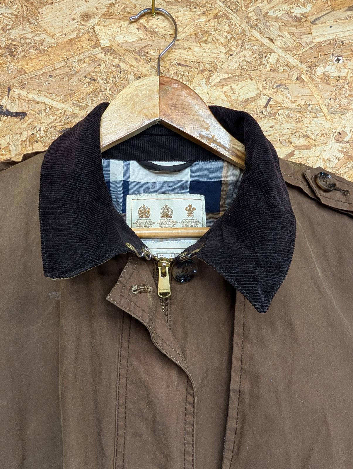 Barbour Pastoral Wax Jacket Size 14 Women Belted Lined Coat Brown Cord Collar