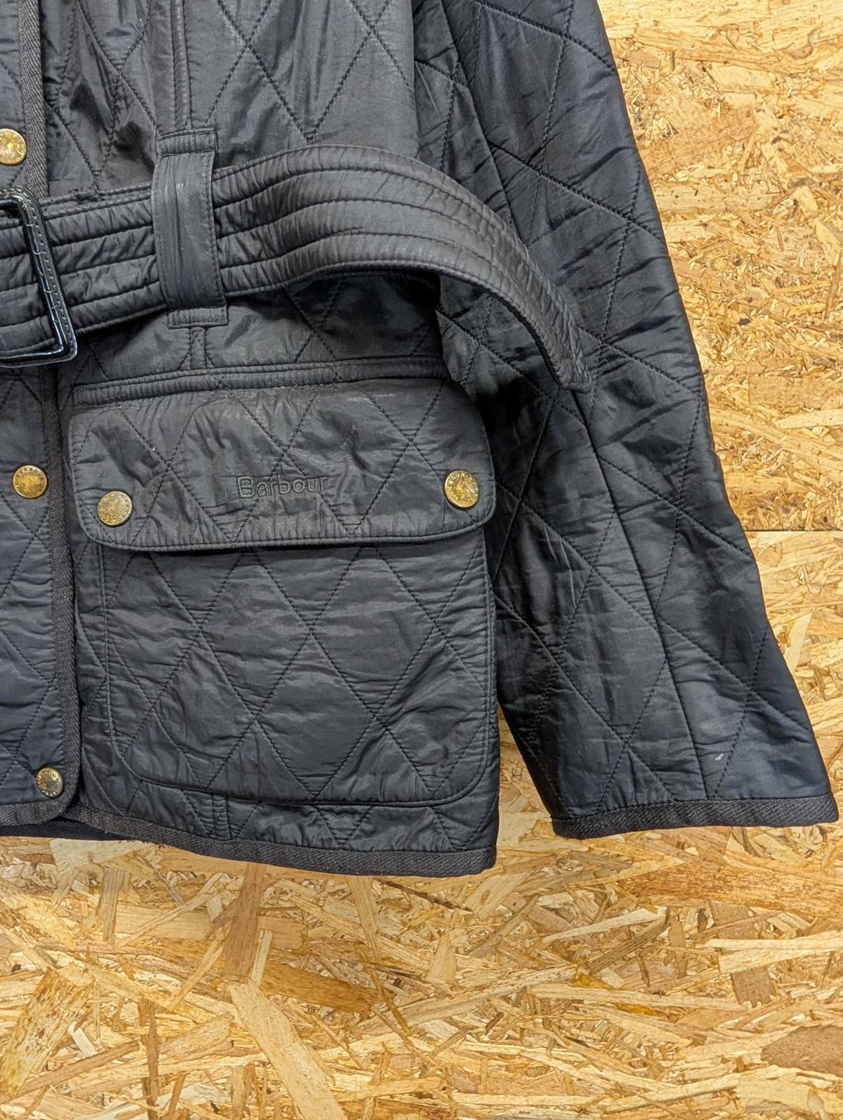 Barbour Black Belted Polarquilt Jacket UK 12 Women Quilted Warm Fleece Lined