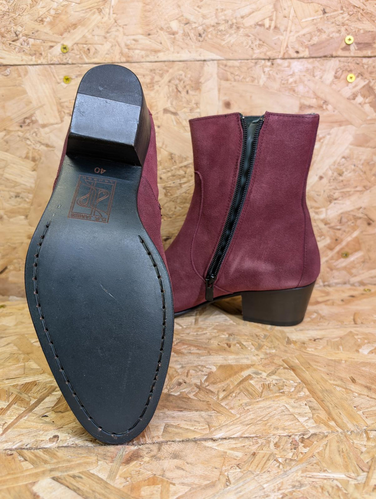 DP James Cadogan Boots Size 6 UK 40 EU Burgundy Suede Cuban Heel Zip Up Side