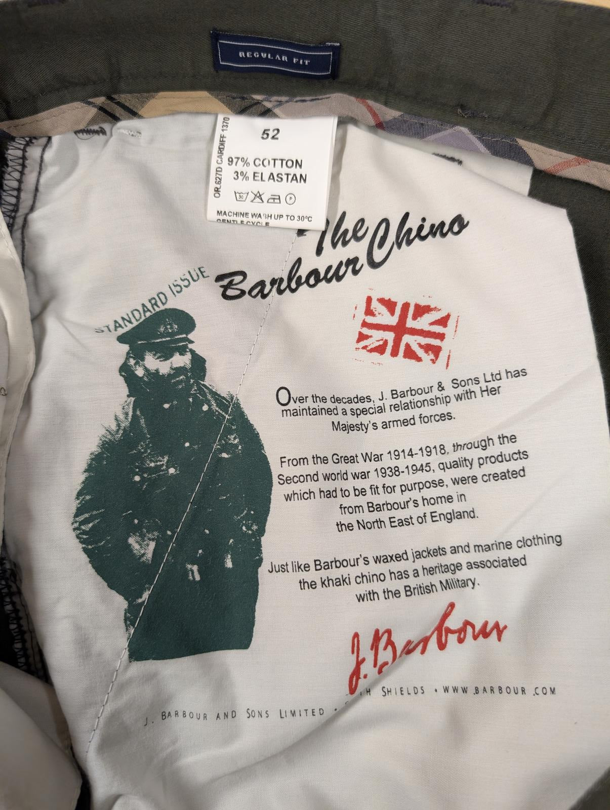 Barbour Trousers W38 L34 Men Khaki Green Cotton Chino Regular Fit Zip Fly
