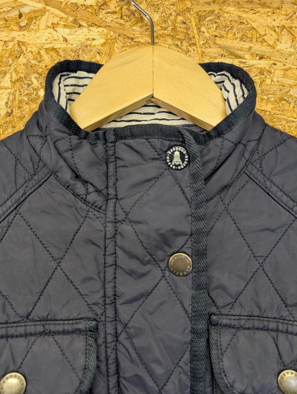 Barbour Buryhead Quilt Jacket UK 10 Women Navy Blue Padded Cord Collar Pocket
