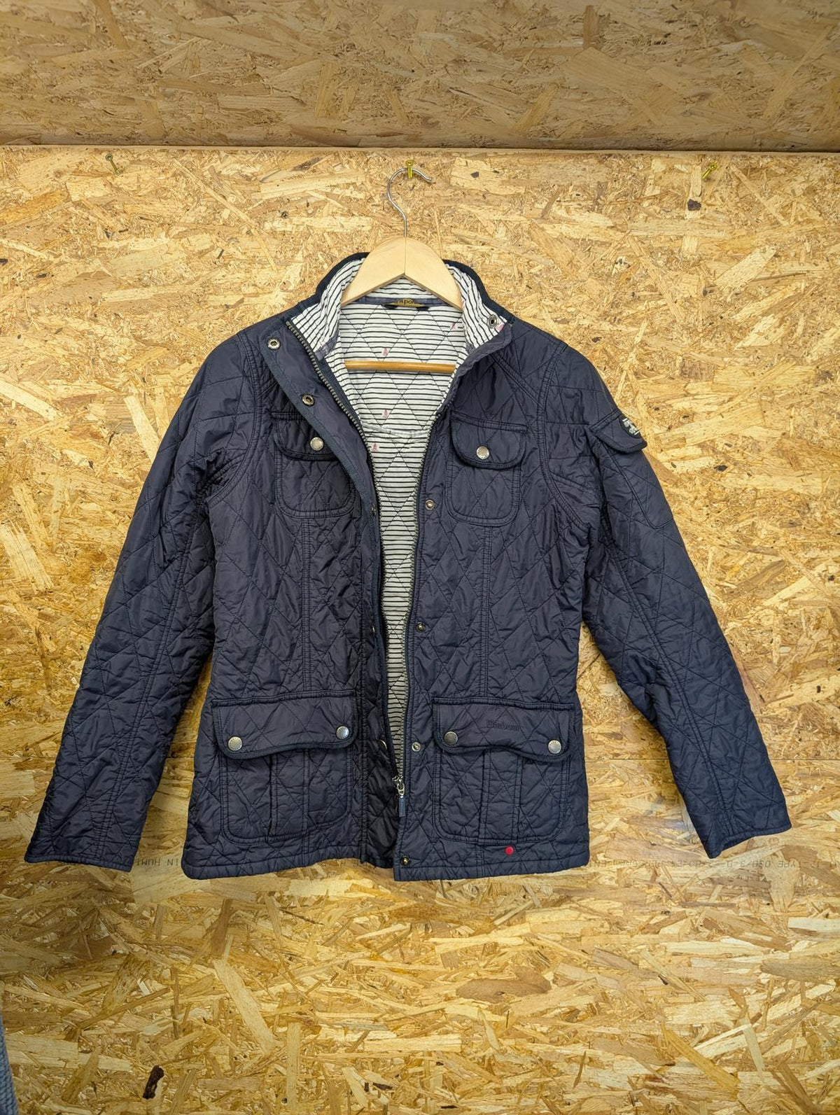 Barbour Buryhead Quilt Jacket UK 10 Women Navy Blue Padded Cord Collar Pocket