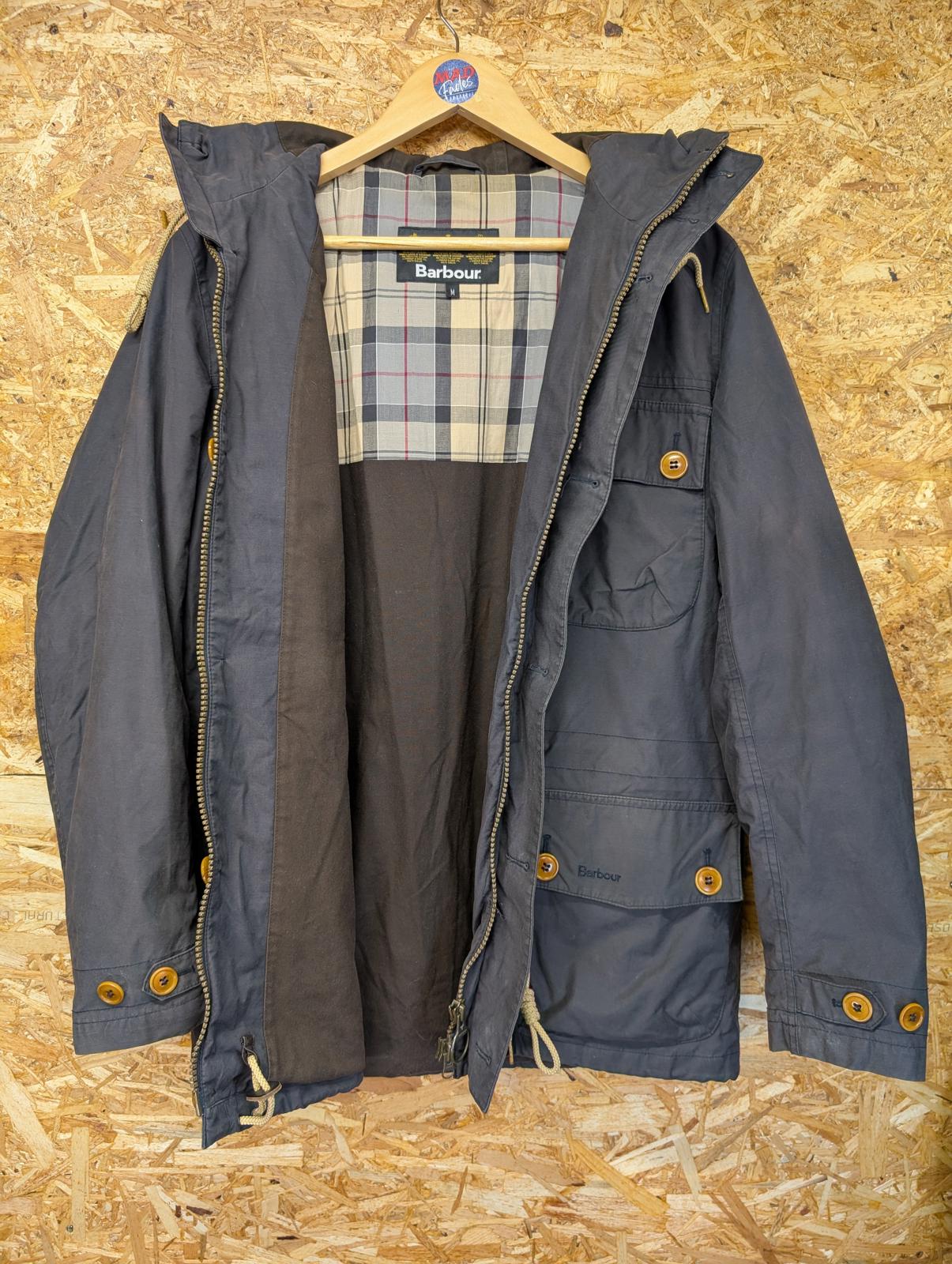 Barbour Whitby Wax Jacket Medium Men Parka Coat Black Hooded Lined Waterproof