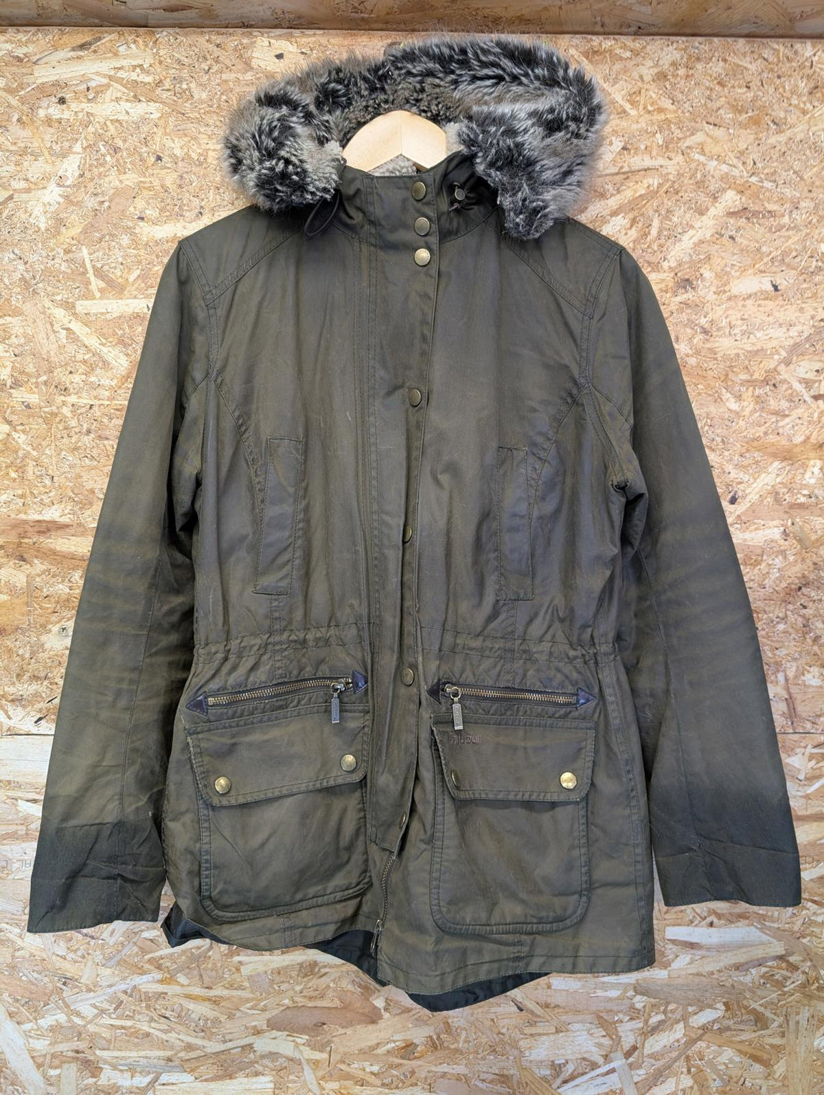 Barbour Kelsall Wax Parka Jacket Size 12 Women Coat Khaki Green Fleece Hood