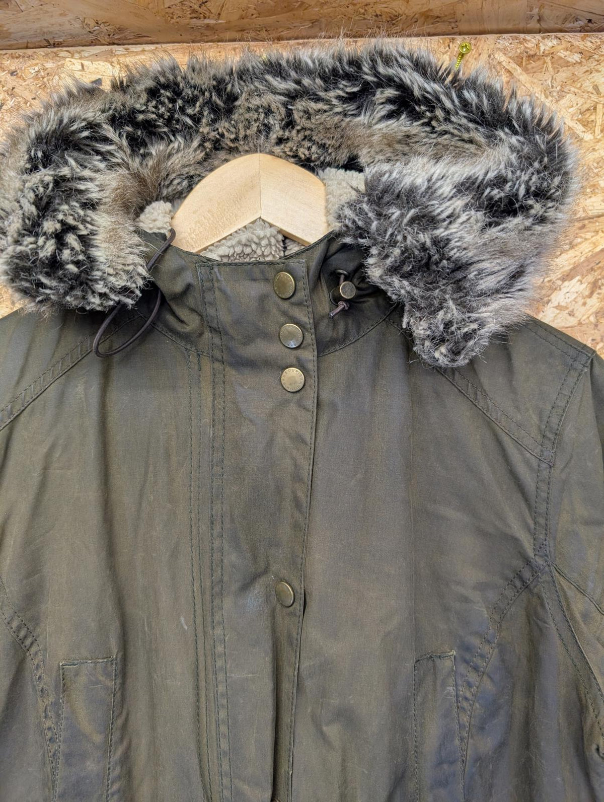 Barbour Kelsall Wax Parka Jacket Size 12 Women Coat Khaki Green Fleece Hood