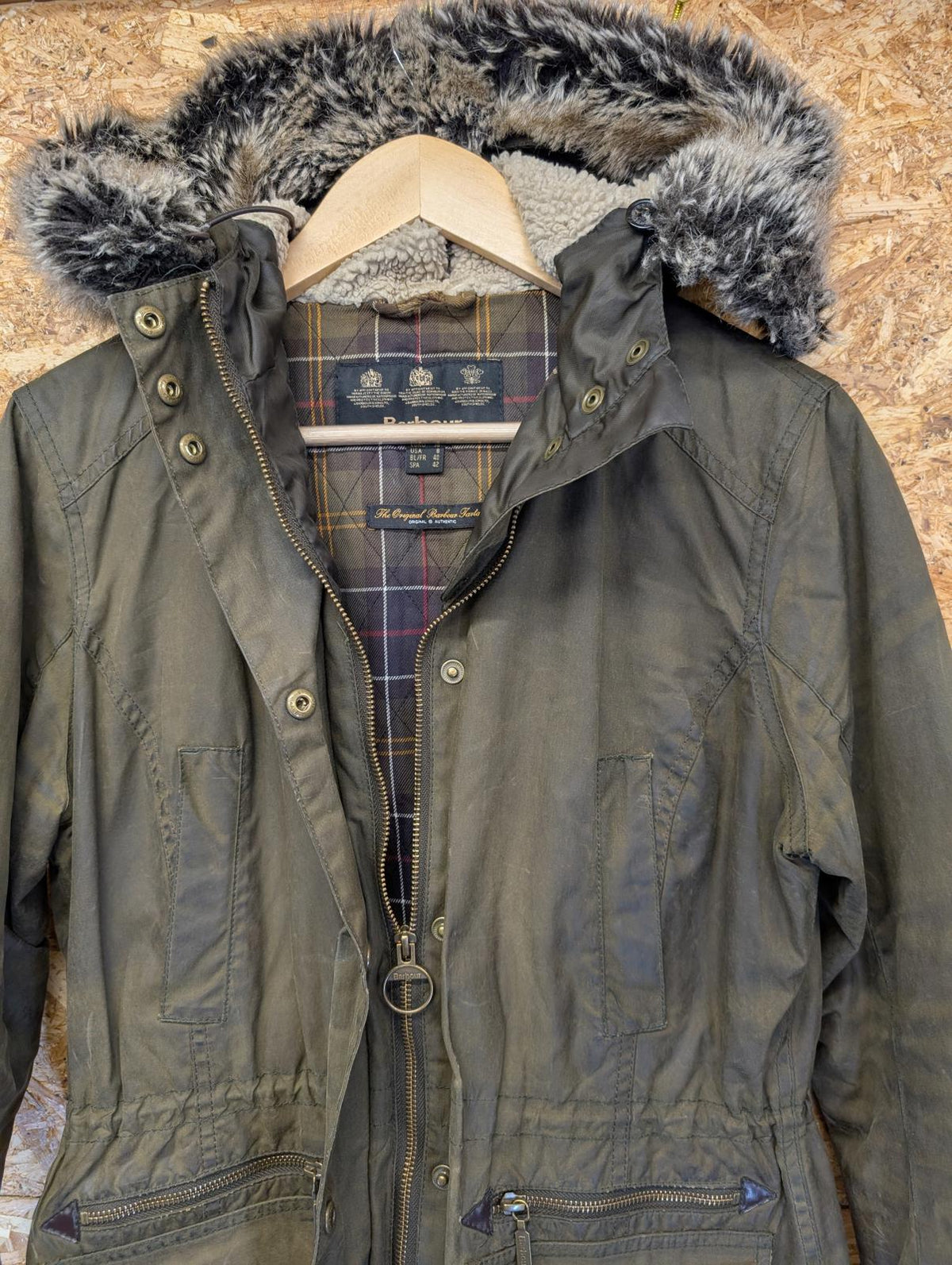 Barbour Kelsall Wax Parka Jacket Size 12 Women Coat Khaki Green Fleece Hood