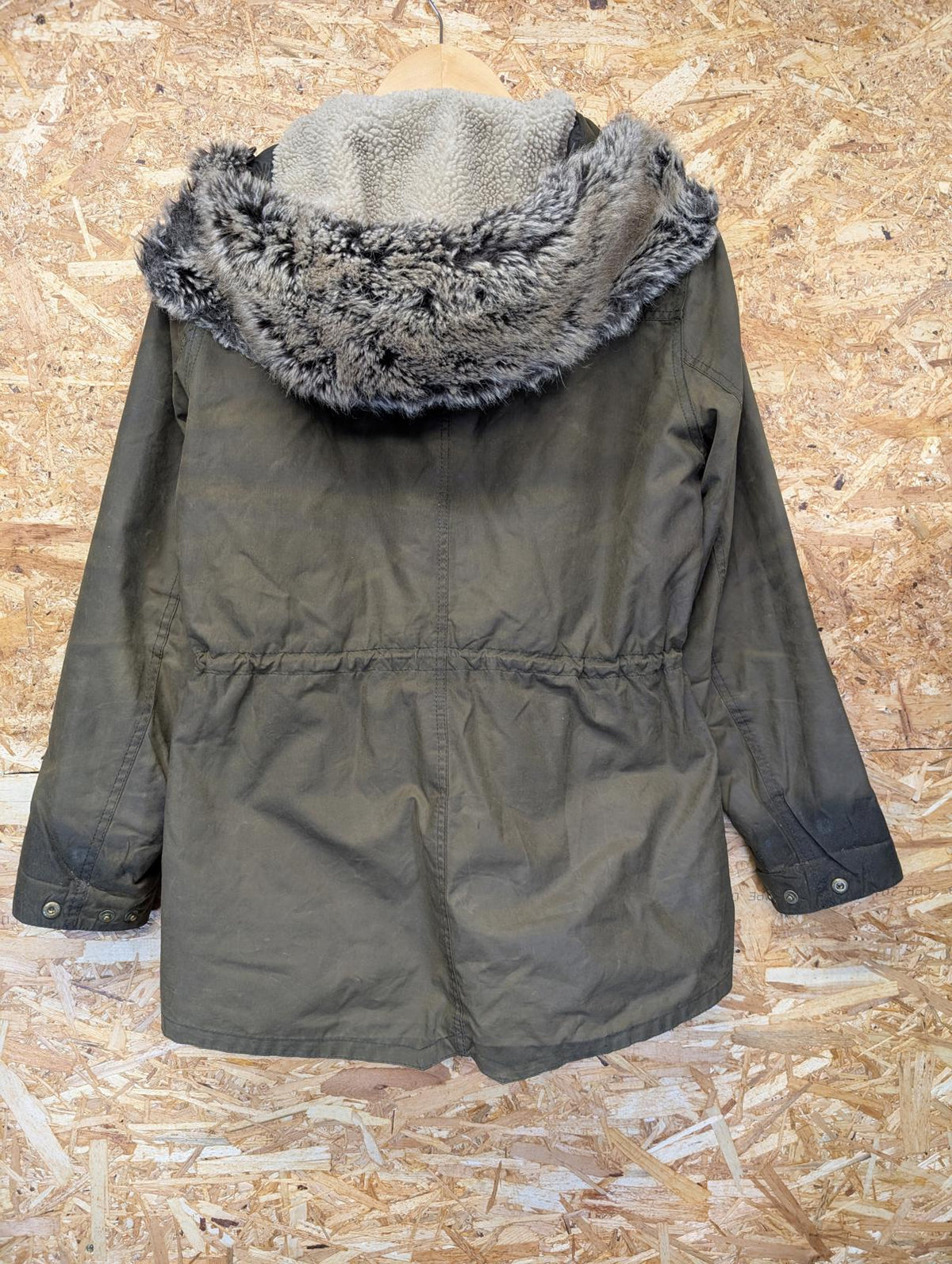 Barbour Kelsall Wax Parka Jacket Size 12 Women Coat Khaki Green Fleece Hood
