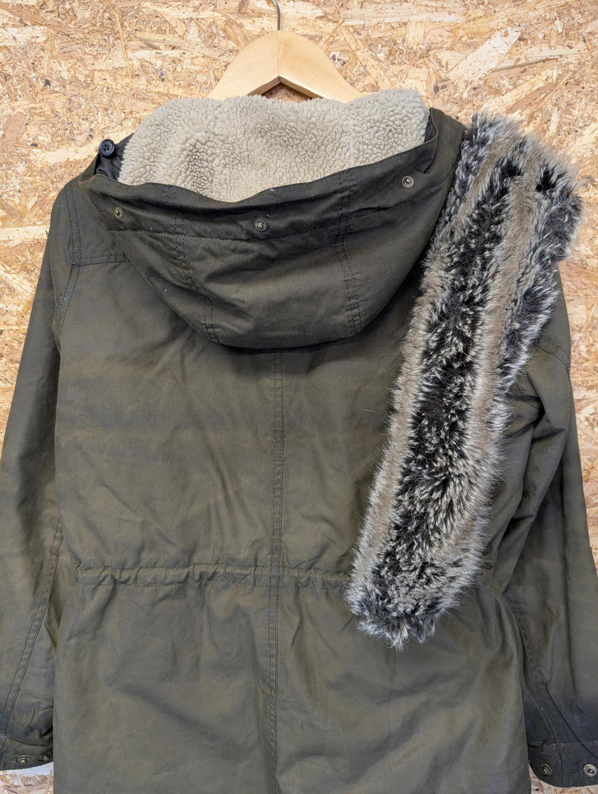 Barbour Kelsall Wax Parka Jacket Size 12 Women Coat Khaki Green Fleece Hood