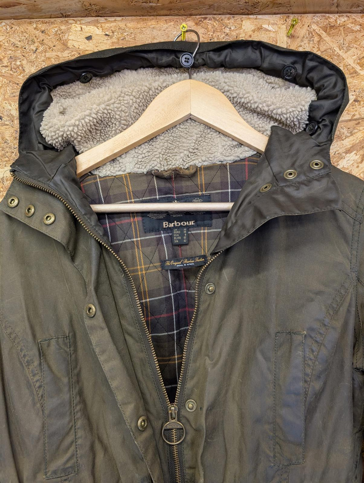 Barbour Kelsall Wax Parka Jacket Size 12 Women Coat Khaki Green Fleece Hood