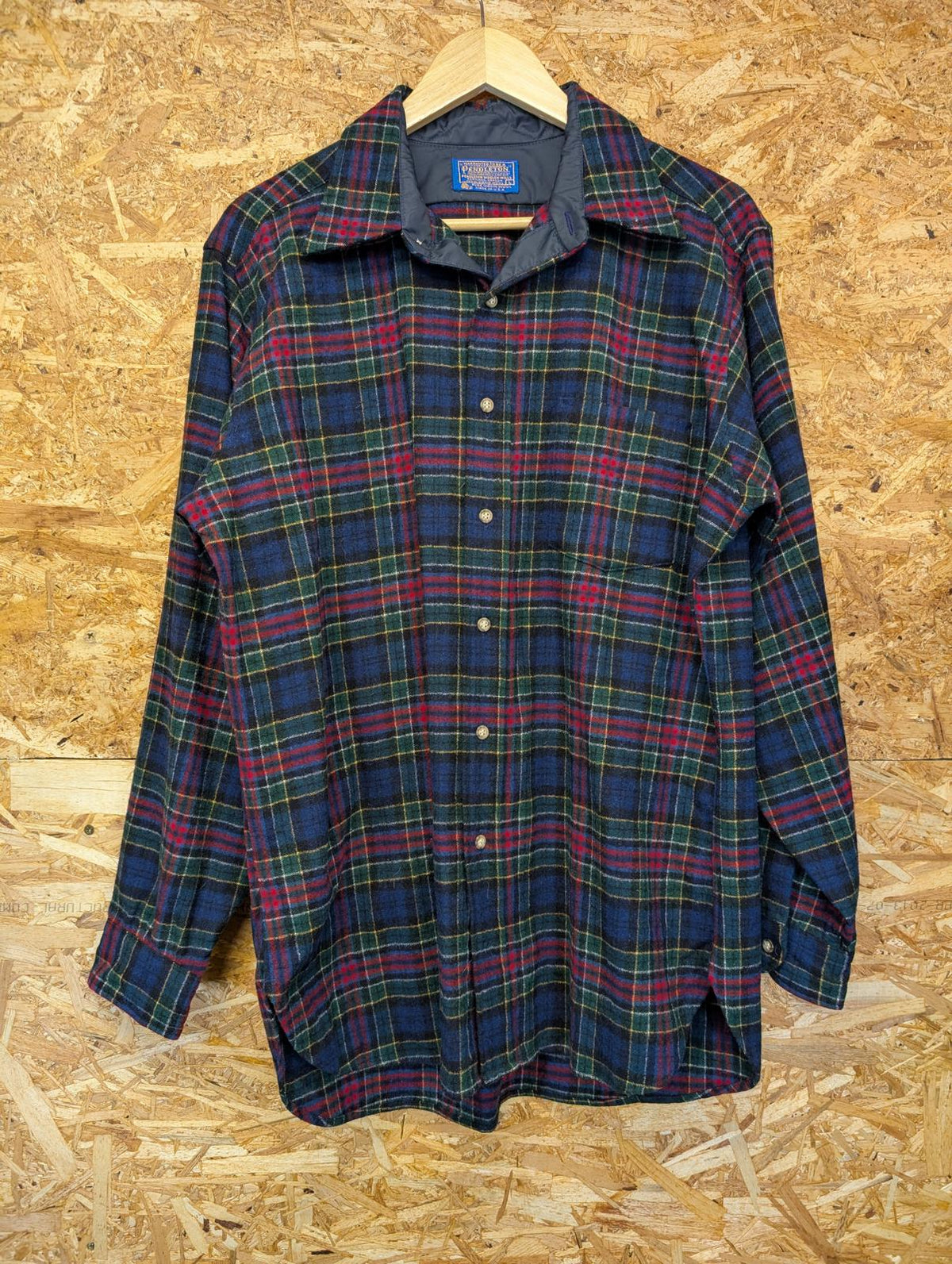Pendleton Lodge Shirt Large Men Made USA Black Grey Plaid Check Wool LS Pocket