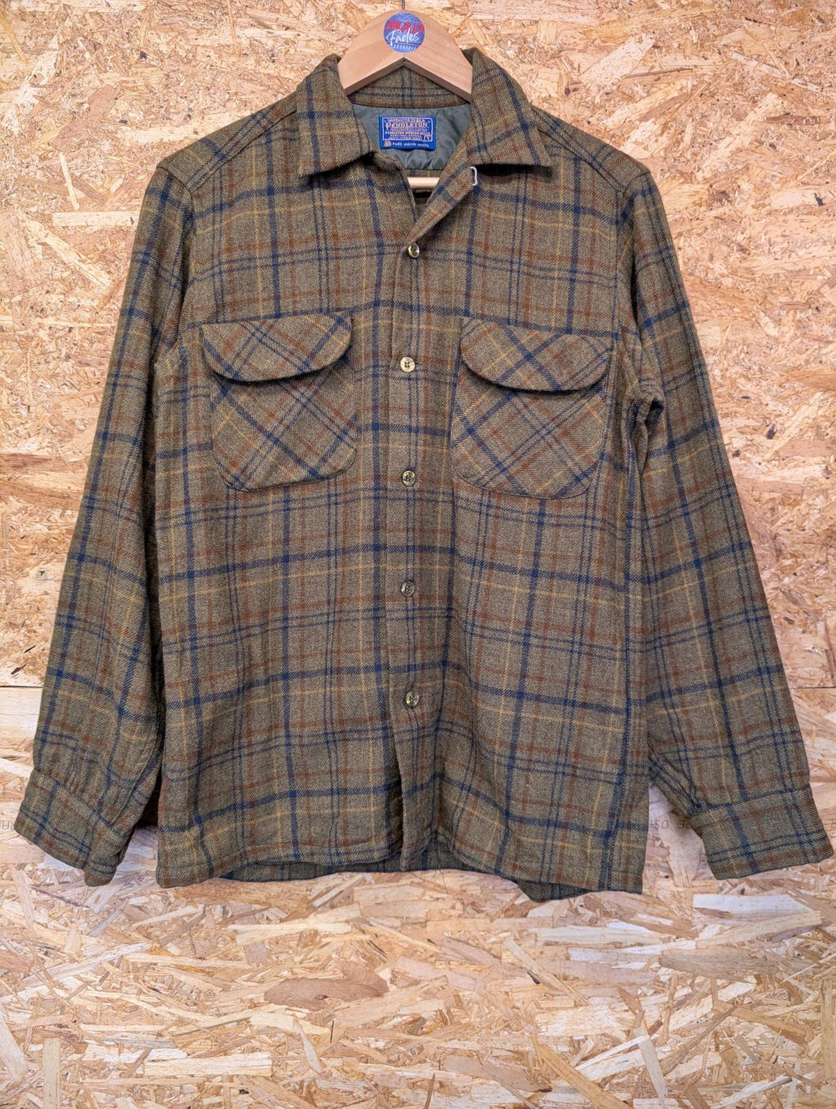 Pendleton Lodge Pocket Shirt Small Khaki Green Check USA Plaid Wool Vintage