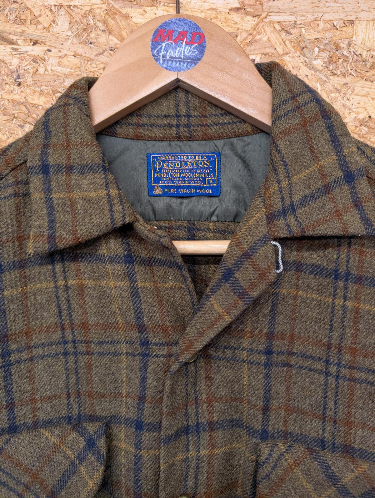 Pendleton Lodge Pocket Shirt Small Khaki Green Check USA Plaid Wool Vintage