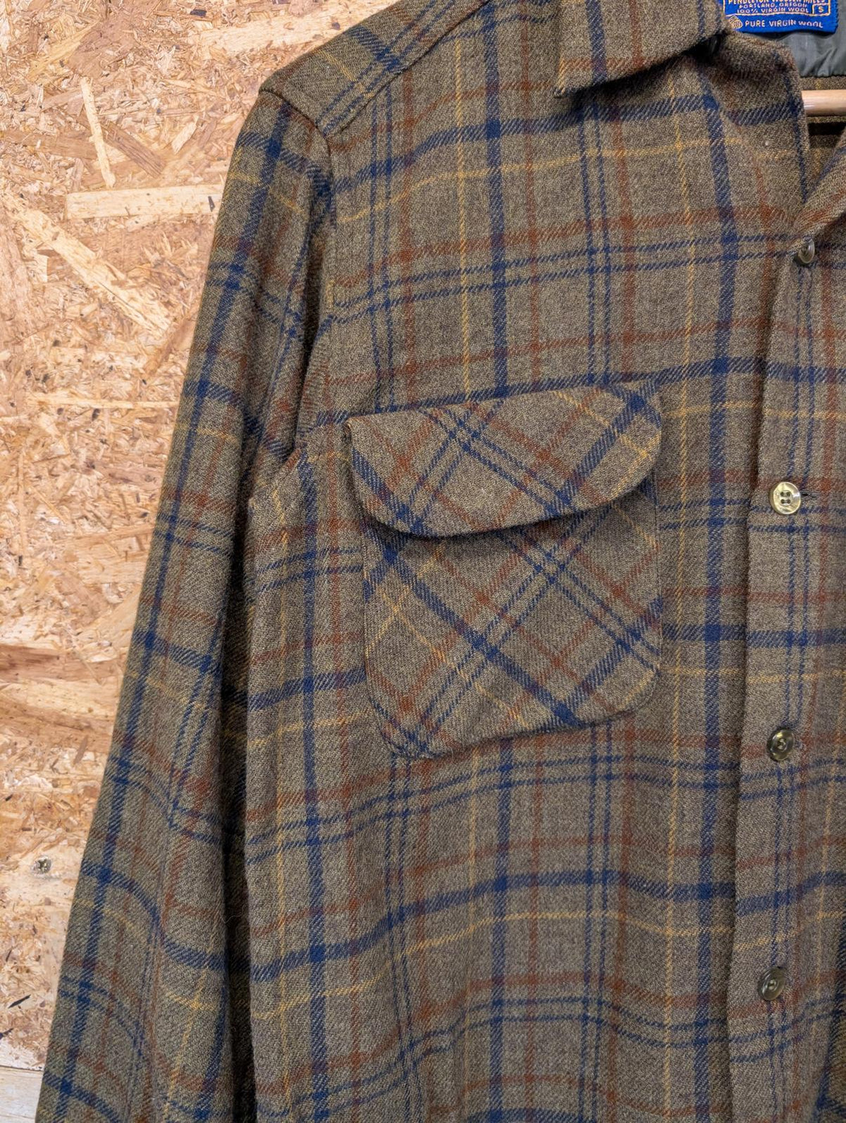 Pendleton Lodge Pocket Shirt Small Khaki Green Check USA Plaid Wool Vintage