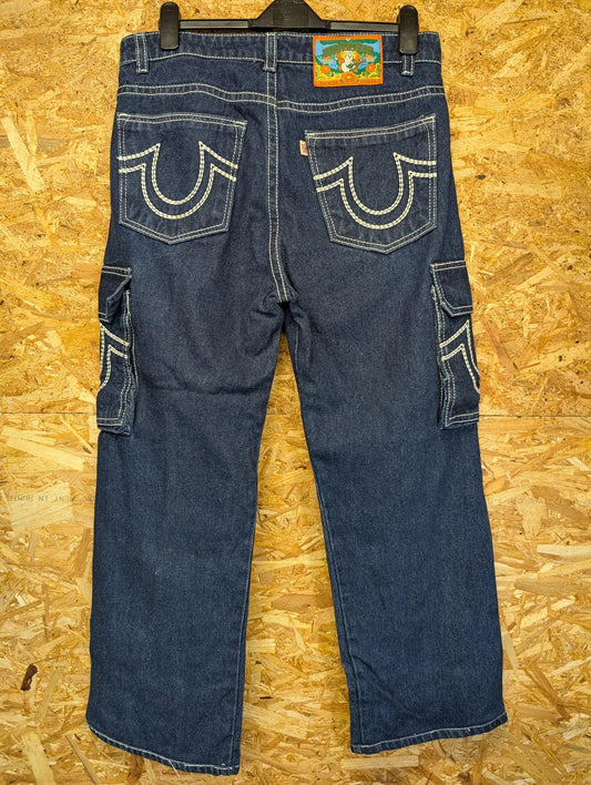 Vintage True Religion Jeans W34 L28 Men Baggy Navy Blue Carpenter Y2K USA 90s