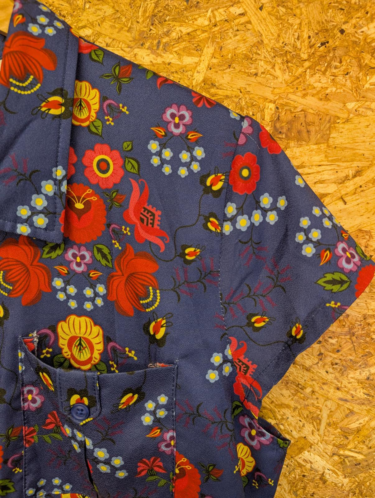 Lindy Bop Blouse Size UK 16 Navy Blue Shirt Floral Tie Front Light Short Sleeve