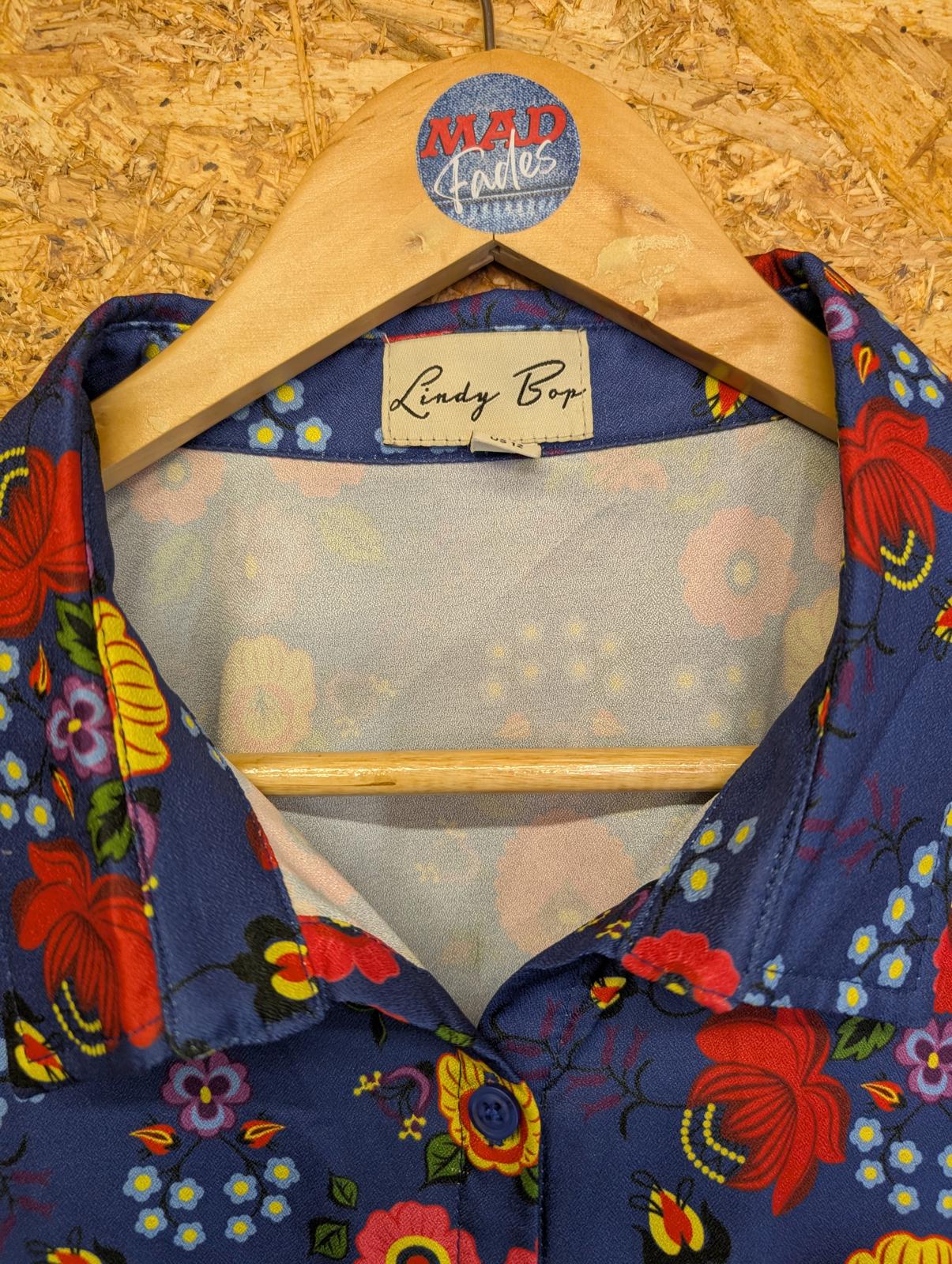 Lindy Bop Blouse Size UK 16 Navy Blue Shirt Floral Tie Front Light Short Sleeve