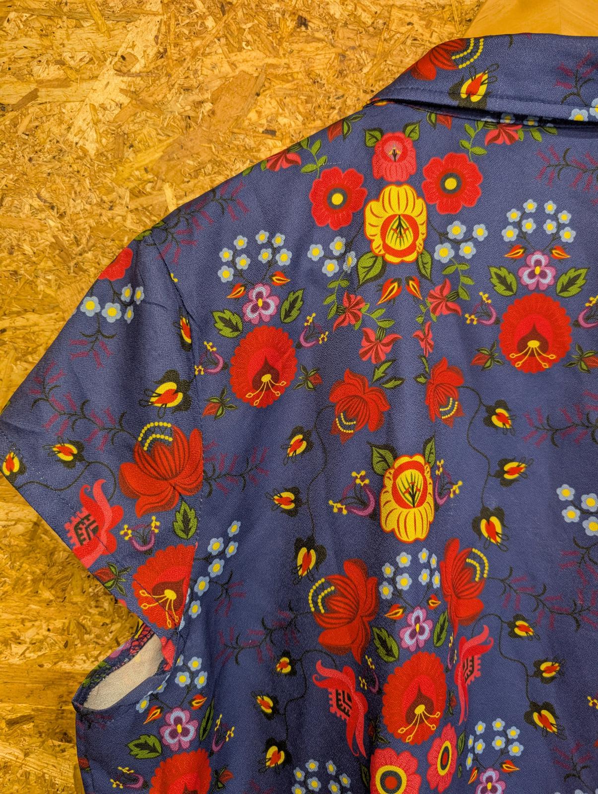 Lindy Bop Blouse Size UK 16 Navy Blue Shirt Floral Tie Front Light Short Sleeve